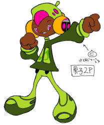 1boy 2000s_(style) alternate_costume alternate_skin_color amp_(cool_cool_toon) beret buttons child closed_mouth collar collared_shirt concept_art cool_cool_toon dark-skinned_male dark_skin dot_nose eighth_note green_collar green_footwear green_hat green_headphones green_pants green_shirt green_sleeve_cuffs green_sleeves gyoubu_ippei hat headphones highres horizontal-striped_collar horizontal-striped_sleeve_cuffs large_feet large_hands legs_apart long_sleeves musical_note musical_note_print official_alternate_costume official_art pants pink_eyes pink_hair pointing print_headphones shirt simple_background single_horizontal_stripe sketch sleeves_past_wrists snk solo standing striped_collar striped_sleeves teeth toon_(style) translation_request white_background