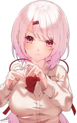 Rule 34 | &gt;:), 1girl, absurdres, bow, bowtie, brown cardigan, cardigan, closed mouth, collared shirt, commentary request, hair ornament, hair ribbon, hairclip, heart, heart hands, highres, kiki (kiki 3288), looking at viewer, low ponytail, nijisanji, pink hair, red bow, red bowtie, red eyes, red ribbon, ribbon, school uniform, shiina yuika, shiina yuika (1st costume), shirt, smile, solo, taut cardigan, taut clothes, v-shaped eyebrows, virtual youtuber, white shirt