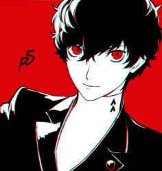 Rule 34 | 1boy, amamiya ren, closed mouth, copyright name, eyelashes, hair between eyes, jacket, limited palette, looking at viewer, male focus, mudo on8, persona, persona 5, red eyes, school uniform, shirt, shuujin academy school uniform, simple background, solo, upper body