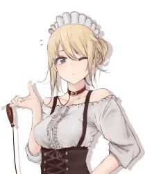 Rule 34 | 1girl, bare shoulders, black eyes, blonde hair, breasts, collar, collarbone, corset, flying sweatdrops, highres, long sleeves, maid, maid headdress, medium breasts, one eye closed, ruch f, shirt, simple background, solo, strap, white background, white headwear, white shirt