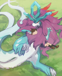 Rule 34 | 1boy, black socks, blush, brown footwear, brown hair, claws, closed eyes, commentary request, creatures (company), day, florian (pokemon), from above, game freak, grass, highres, lying, male focus, maumaujanken, nintendo, open mouth, outdoors, pokemon, pokemon (creature), pokemon sv, shoes, short hair, shorts, smile, socks, walking wake