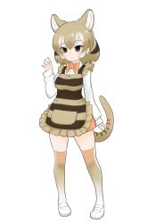 Rule 34 | 10s, 1girl, animal ear fluff, apron, bow, bowtie, brown eyes, empty eyes, expressionless, extra ears, full body, gradient legwear, hand up, ise (0425), kemono friends, light brown hair, long sleeves, multicolored clothes, multicolored hair, multicolored legwear, orange bow, orange bowtie, shirt, shoes, simple background, solo, standing, thighhighs, thylacine (kemono friends), thylacine ears, thylacine tail, white background, white footwear, white shirt