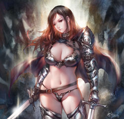 Rule 34 | 10s, 1girl, 2016, arm belt, armor, armored boots, backlighting, belt, bikini armor, boots, breasts, brown hair, cape, cleavage, closed mouth, cowboy shot, dual wielding, floating hair, gauntlets, gorget, head tilt, holding, holding sword, holding weapon, large breasts, lens flare, long hair, micro panties, navel, o-ring, o-ring bottom, original, panties, pauldrons, red eyes, shoulder armor, signature, solo, stomach, swept bangs, sword, thigh boots, thighhighs, underwear, weapon, wuduo