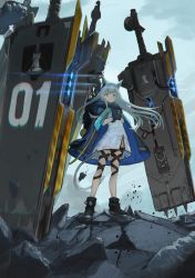 Rule 34 | 1girl, absurdres, animal ears, arknights, backpack, bag, black footwear, black gloves, black wristband, blue eyes, blue jacket, book, boots, cat ears, cat girl, cat tail, clothes writing, dress, earpiece, fingerless gloves, full body, gloves, glowing, grey hair, highres, holding, holding book, infection monitor (arknights), izumo (ton 63), jacket, jacket on shoulders, long hair, looking at viewer, originium (arknights), outdoors, overcast, rhodes island logo (arknights), rosmontis (arknights), sky, solo, standing, tail, thigh strap, white dress