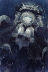 Rule 34 | 10s, 1girl, abyssal ship, afloat, bad id, bad tumblr id, blue eyes, cape, colored skin, expressionless, gloves, headgear, highres, ikeuchi tanuma, kantai collection, looking at viewer, partially submerged, seaweed, solo, tentacles, twitter username, white hair, white skin, wo-class aircraft carrier