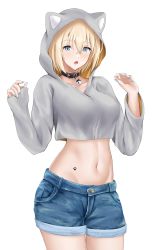 Rule 34 | 1girl, :o, azur lane, bataan (azur lane), black choker, blonde hair, blue eyes, character request, choker, commentary request, cowboy shot, crop top, cropped jacket, denim, denim shorts, grey jacket, hair between eyes, hands up, highres, hood, hooded jacket, jacket, jakqbigone, long sleeves, looking at viewer, midriff, navel, paw print, short hair, shorts, simple background, solo, standing, stomach, stomach tattoo, tattoo, white background