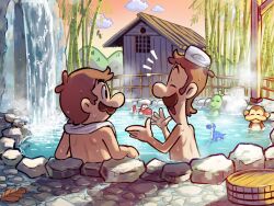 Rule 34 | 2boys, :d, ^ ^, bamboo, bamboo forest, bathhouse, black eyes, blush, brothers, brown hair, bucket, closed eyes, cloud, dorrie, facial hair, fence, forest, hands up, highres, hill, leaf, looking at another, luigi, male focus, mario, mario &amp; luigi rpg, mario (series), masanori sato (style), monkey, multiple boys, mustache, nature, nintendo, notice lines, onsen, open mouth, orange sky, outdoors, partially submerged, pea (mario), rock, shared bathing, short hair, siblings, sky, smile, steam, topless male, towel, towel around neck, towel on head, ukiki, water, waterfall, wet, wooden bucket, ya mari 6363, yoshi