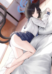 Rule 34 | 1girl, animal ears, ass, bare legs, barefoot, black eyes, black hair, black sailor collar, blue archive, blue halo, blue neckerchief, blush, cat ears, cat tail, cirilla lin, feet, foot out of frame, halo, highres, japanese clothes, kikyou (blue archive), legs, long sleeves, looking at viewer, multiple tails, nail polish, neckerchief, pleated skirt, sailor collar, school uniform, serafuku, short hair, skirt, soles, solo, tail, toe scrunch, toenail polish, toenails, toes, two tails