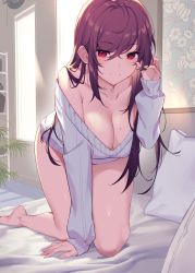 Rule 34 | 1girl, all fours, barefoot, bed, breasts, cleavage, collarbone, dress, grey sweater, hand up, highres, icomochi, indoors, large breasts, long hair, long sleeves, looking at viewer, mole, mole on breast, off shoulder, on bed, original, pillow, purple hair, red eyes, sidelocks, smile, solo, sweater, sweater dress, thighs