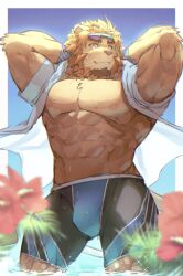 Rule 34 | 1boy, abs, animal ears, arm behind head, bara, birry, bulge, commentary request, eyewear on head, facial hair, flower, furry, furry male, goatee, highres, indie virtual youtuber, kinji ninomiya, large pectorals, lion boy, lion ears, lion tail, looking at viewer, male focus, male swimwear, pectorals, smile, swim trunks, tail, water, wet