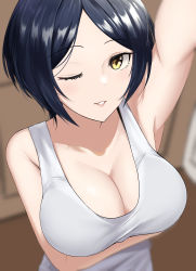 Rule 34 | 1girl, ;d, absurdres, arisugawa ya, arm under breasts, arm up, armpits, blue hair, blurry, blurry background, breasts, cleavage, collarbone, dark blue hair, hayami kanade, highres, idolmaster, idolmaster cinderella girls, large breasts, looking at viewer, one eye closed, open mouth, parted bangs, short hair, smile, solo, tank top, upper body, white tank top