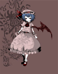 Rule 34 | 1girl, ascot, black eyes, blue hair, brown background, brown wings, closed mouth, collared shirt, colored skin, commentary request, demon wings, fang, flat chest, frilled skirt, frilled sleeves, frills, full body, hat, hat ribbon, highres, lastdark, looking at viewer, mary janes, medium bangs, mob cap, pink hat, pink shirt, pink skirt, red ascot, red footwear, red ribbon, red sash, remilia scarlet, ribbon, sash, shirt, shoes, short hair, short sleeves, skirt, skirt set, smile, socks, solo, touhou, white skin, white socks, wings, wrist cuffs