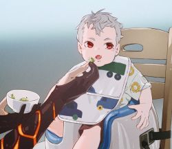 Rule 34 | 1boy, 1girl, baby, barefoot, bib, black gloves, blush, bowl, brown shorts, character request, commentary request, dola (nijisanji), elbow gloves, feeding, floral print, food, food on face, gloves, grey hair, grey shirt, holding, holding bowl, holding food, kuzuha (nijisanji), looking away, looking to the side, mole, mole under eye, nijisanji, out of frame, partially fingerless gloves, print shirt, red eyes, shirt, short sleeves, shorts, sirataki umauma, sitting, soles, solo focus, sunflower print, thick eyebrows, virtual youtuber, aged down