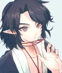 Rule 34 | 1boy, black hair, earrings, expressionless, hand up, hoop earrings, jewelry, lanxi zhen, long hair, looking at viewer, pointy ears, portrait, shadow, simple background, solatky, solo, luo xiaohei zhanji, white background, xuan li (the legend of luoxiaohei)