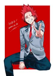 Rule 34 | 1boy, bad id, bad twitter id, belt, blazer, boku no hero academia, boots, buttons, dated, forehead, foreshortening, grin, highres, invisible chair, jacket, kirishima eijirou, looking at viewer, male focus, necktie, one eye closed, outside border, red background, red eyes, red hair, red necktie, red theme, scar, scar on face, school uniform, sharp teeth, shoco (sco labo), short eyebrows, simple background, sitting, smile, solo, spiked hair, teeth, v, veins