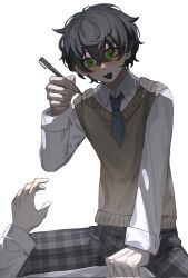 Rule 34 | 1boy, 1other, black hair, calasile, degrees of lewdity, green eyes, highres, kylar (degrees of lewdity), male focus, necktie, open mouth, pen, player character (degrees of lewdity), school uniform, simple background, solo, sweater, white background