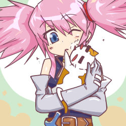Rule 34 | 00s, 1girl, blue eyes, cat, elbow gloves, gloves, pink hair, presea combatir, solo, tales of (series), tales of symphonia, twintails, wink