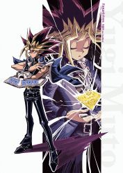 Rule 34 | 2boys, :o, artist name, belt, belt collar, black footwear, black pants, blonde hair, blue jacket, card, chain, closed eyes, collar, commentary request, duel disk, dyed bangs, highres, jacket, jewelry, male focus, millennium puzzle, multicolored hair, multiple boys, muto yugi, necklace, pants, school uniform, shirt, shoes, soya (sys ygo), spiked hair, standing, yami yugi, yu-gi-oh!, yu-gi-oh! duel monsters