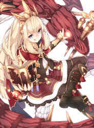 Rule 34 | 10s, 1girl, :q, bad id, bad pixiv id, black footwear, black thighhighs, blonde hair, blunt bangs, book, boots, bracer, cagliostro (granblue fantasy), cape, dragon, granblue fantasy, hairband, highres, holding, holding book, long hair, miniskirt, nail, namake, ouroboros (granblue fantasy), purple eyes, red skirt, simple background, skirt, solo, takuan (takuan0907), thighhighs, tongue, tongue out, white background, zettai ryouiki