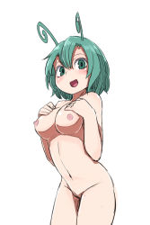 Rule 34 | 1girl, antennae, blush, breasts, d@i, green eyes, green hair, hands on own chest, solo, touhou, white background, wriggle nightbug