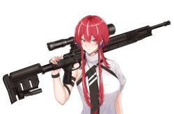 Rule 34 | 1girl, arm strap, aspira project, black wristband, breasts, closed mouth, deroo, earrings, gun, jewelry, long hair, medium breasts, multicolored hair, necklace, over shoulder, red eyes, red hair, rifle, scope, shirt, single sleeve, sniper rifle, solo, streaked hair, upper body, vermelha scarlet, virtual youtuber, weapon, weapon over shoulder, white hair, white shirt