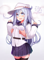 Rule 34 | 1girl, :o, black thighhighs, blue eyes, blue sailor collar, blue skirt, grabbing another&#039;s breast, breasts, disembodied hand, flat cap, grabbing, groping, hammer and sickle, hat, hibiki (kancolle), highres, kantai collection, long hair, long sleeves, open mouth, pleated skirt, reitou mikan, sailor collar, simple background, skirt, solo focus, star (symbol), thighhighs, verniy (kancolle), white headwear