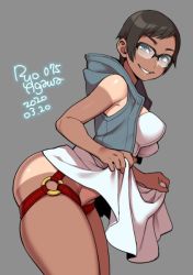 Rule 34 | 1girl, agawa ryou, bare shoulders, black hair, blue eyes, breasts, clothes lift, commentary, dark-skinned female, dark skin, glasses, grey background, grin, hood, hoodie, looking at viewer, medium breasts, o-ring, original, short hair, simple background, skindentation, skirt, skirt lift, smile, solo, tan, tanline, thick thighs, thighs