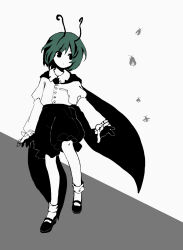 Rule 34 | 1girl, antennae, buttons, cape, closed mouth, collared shirt, commentary request, flat chest, frilled shorts, frilled sleeves, frills, full body, green hair, highres, juliet sleeves, kaigen 1025, long sleeves, mary janes, no nose, puffy sleeves, shirt, shoes, short hair, shorts, socks, solo, spot color, touhou, wriggle nightbug