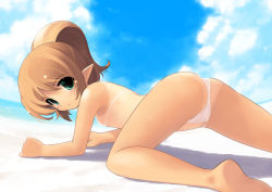 Rule 34 | 1girl, all fours, ass, bad id, bad pixiv id, barefoot, beach, bent over, bikini, brown hair, cloud, day, elf, eye contact, feet, flat chest, green eyes, jiji (aardvark), legs, looking at another, looking at viewer, ocean, one-piece tan, original, outdoors, pointy ears, ponytail, sky, soles, solo, swimsuit, tan, tanline, white bikini
