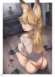 Rule 34 | 1girl, absurdres, alternate costume, animal ear fluff, animal ears, ass, bare shoulders, bikini, bikini bottom only, blonde hair, border, controller, dust, extra ears, ezo red fox (kemono friends), fox ears, from behind, game boy, game boy (original), game boy advance, game console, game controller, hair between eyes, handheld game console, highres, holding, holding controller, holding game controller, indoors, iparupua, kemono friends, long hair, long sleeves, looking at viewer, looking back, no pants, no tail, off-shoulder sweater, off shoulder, open mouth, parted bangs, playing games, shoulder blades, side-tie bikini bottom, sitting, solo, sweater, swimsuit, television, video game, white border, wooden floor, yellow eyes
