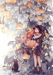 Rule 34 | 1girl, animal, ankle boots, black bow, black bowtie, black cat, black dress, black footwear, black headwear, boots, bow, bowtie, brown hair, cat, dappled sunlight, day, dress, floating hair, food, fruit, hair bow, hat, highres, hinata (echoloveloli), holding, holding food, holding fruit, jitome, long hair, long sleeves, looking up, nature, orange hair, original, outdoors, pear, plant, profile, puffy long sleeves, puffy sleeves, pumpkin, short dress, standing, sunlight, very long hair, vines, wavy hair, witch, witch hat