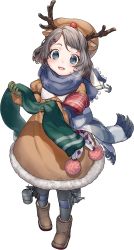 Rule 34 | 1girl, animal costume, animal ears, antlers, black pantyhose, blue eyes, blue scarf, boots, brown footwear, checkered clothes, checkered scarf, deer ears, depth charge, fringe trim, full body, gloves, green gloves, green scarf, grey hair, hair ornament, hairclip, horns, hozuka (kadokawa), kaiboukan no. 30 (kancolle), kantai collection, long sleeves, machinery, official art, open mouth, pantyhose, pom pom (clothes), reindeer antlers, reindeer costume, rigging, scarf, short hair, smile, solo, transparent background, x hair ornament