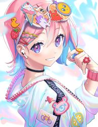 Rule 34 | 1girl, air pods, artist name, bear, blue hair, blurry, blurry foreground, blush, bracelet, bubble tea, commentary, eyewear on head, flower, food, food-themed hair ornament, fruit, hair between eyes, hair ornament, hairclip, heart, heart o-ring, highres, holographic clothing, ice cream cone, jacket, jewelry, letta illust, long sleeves, looking at viewer, looking back, multicolored background, multicolored hair, orange (fruit), original, patch, pink hair, playing with own hair, portrait, ring, rubber duck, short hair, smile, solo, strawberry hair ornament, sunglasses, sunglasses on head, symbol-only commentary, unicorn, zipper