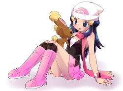 Rule 34 | 1girl, arm support, bare shoulders, beanie, black eyes, black shirt, black socks, blue eyes, blue hair, blush, boots, breasts, buneary, creatures (company), dawn (pokemon), eye contact, female focus, full body, game freak, gen 4 pokemon, hair ornament, hairclip, hat, knee boots, kneehighs, knees together feet apart, long hair, looking at another, matching hair/eyes, miniskirt, nintendo, open mouth, panties, pantyshot, pink footwear, pink scarf, pink skirt, poke ball theme, pokemon, pokemon (creature), pokemon dppt, sawarabi (sawarabi725), scarf, shiny skin, shirt, simple background, sitting, skirt, sleeveless, sleeveless shirt, small breasts, socks, sweat, underwear, upskirt, watch, white background, white headwear, white panties, wristwatch