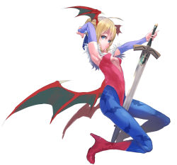 Rule 34 | 1girl, absurdres, ahoge, animal print, arm up, armpits, artoria pendragon (all), artoria pendragon (fate), bare shoulders, bat print, between legs, blonde hair, blue eyes, blue pantyhose, boots, breasts, bridal gauntlets, center opening, cleavage, cleavage cutout, closed mouth, clothing cutout, cosplay, demon girl, demon wings, excalibur (fate/stay night), fate/stay night, fate (series), feathers, from side, full body, gauntlets, hair bun, hair ribbon, head wings, high heel boots, high heels, highleg, highleg leotard, highres, holding, holding sword, holding weapon, kneeling, kumonji aruto, leotard, lilith aensland, lilith aensland (cosplay), looking at viewer, looking back, outstretched arm, pantyhose, planted, planted sword, planted weapon, print pantyhose, red footwear, red leotard, ribbon, saber (fate), short hair, simple background, single hair bun, small breasts, solo, strapless, strapless leotard, sweatdrop, sword, vampire (game), weapon, wings