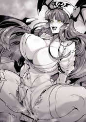 Rule 34 | 1boy, 1girl, blunt bangs, blush, breasts, capcom, clothed sex, commentary request, demon girl, demon wings, fangs, greyscale, hat, head wings, hetero, highres, large breasts, long hair, monochrome, morrigan aensland, nurse, nurse cap, open mouth, penis, sex, spot color, takatsuki ichi, teeth, thighhighs, tongue, tongue out, vampire (game), wings, yellow eyes