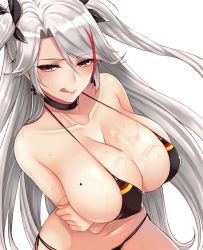 Rule 34 | 1girl, :q, azur lane, bad id, bad twitter id, bare arms, bare shoulders, bikini, black bikini, black choker, blush, breast hold, breasts, choker, closed mouth, cocq taichou, collarbone, covered erect nipples, flag print, german flag bikini, half-closed eyes, huge breasts, licking lips, lips, long hair, looking at viewer, mole, mole on breast, multicolored hair, naughty face, navel, prinz eugen (azur lane), prinz eugen (unfading smile) (azur lane), red eyes, red hair, silver hair, simple background, smile, solo, spaghetti strap, streaked hair, suggestive fluid, sweat, swept bangs, swimsuit, tongue, tongue out, tsurime, two side up, upper body, very long hair, white background