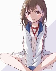 Rule 34 | 1girl, bare legs, blush, brown eyes, brown hair, closed mouth, collarbone, commentary request, crossed bangs, dot nose, feet out of frame, flat chest, flower, gym shirt, gym uniform, hair flower, hair ornament, himaneko., indian style, jacket, long sleeves, looking away, looking to the side, medium hair, misaka mikoto, open clothes, open jacket, oversized clothes, school uniform, shirt, shirt under jacket, simple background, sitting, solo, striped clothes, striped jacket, toaru kagaku no railgun, toaru majutsu no index, tokiwadai school uniform, track jacket, two-tone background, white jacket, white shirt
