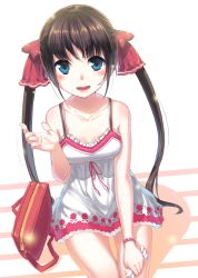 Rule 34 | 1girl, bag, bare shoulders, blue eyes, blunt bangs, blush, bow, breasts, brown hair, cleavage, colored eyelashes, dress, eyebrows, glint, hair bow, hand on lap, handbag, handkerchief, highres, holding, kamome yuu, looking at viewer, medium breasts, open mouth, original, pink lips, red bow, simple background, sitting, sleeveless, sleeveless dress, solo, sundress, tareme, teeth, thigh gap, thighs, twintails, white background, white dress, wristband, zipper