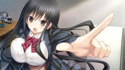 Rule 34 | 1girl, angry, black eyes, black hair, blush, bouncing breasts, bow, bowtie, breasts, game cg, hitsuji takako, kiss ato, large breasts, long hair, looking at viewer, natsume azusa, open mouth, pointing, school uniform, skirt, standing