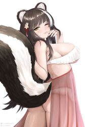 Rule 34 | 1girl, absurdres, animal ears, artist name, ass, azur lane, black hair, black tail, blush, breasts, commission, from behind, hair ornament, highres, large breasts, long hair, looking at viewer, multicolored hair, multicolored tail, naganami (azur lane), one eye closed, parted lips, sideboob, simple background, skindentation, skunk ears, skunk girl, skunk tail, solo, streaked hair, tail, white background, white hair, white tail, yellow eyes, yunareas