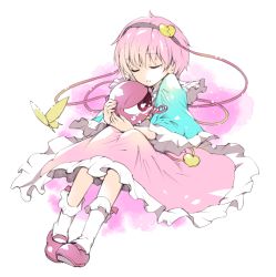 Rule 34 | 1girl, bug, butterfly, closed eyes, full body, hair ribbon, heart, hugging object, ichizen (o tori), insect, komeiji satori, long sleeves, mary janes, pink hair, ribbon, shirt, shoes, short hair, simple background, sitting, skirt, solo, tears, third eye, touhou, white background, wide sleeves