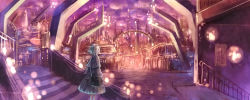 Rule 34 | 1girl, arch, bag, cityscape, cloud, cloudy sky, commentary request, dress, evening, fantasy, highres, looking at viewer, looking back, original, purple sky, railing, sakimori (hououbds), scenery, short hair, shoulder bag, silver hair, sky, solo, stairs, standing, tower, twilight