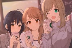 Rule 34 | 3girls, ;d, ahoge, black hair, blush, breasts, brown eyes, brown hair, collarbone, commentary request, cup, disposable cup, duffy, earrings, green eyes, hair intakes, highres, hojo karen, holding, holding cup, idolmaster, idolmaster cinderella girls, jewelry, kohinata miho, large breasts, long hair, long sleeves, looking at viewer, multiple girls, necklace, one eye closed, open mouth, ribbed sweater, sato shin, short hair, smile, sweater, turtleneck, turtleneck sweater