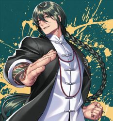 Rule 34 | 1boy, bad id, bad pixiv id, bishounen, braid, chinese clothes, clenched hand, fate/grand order, fate (series), green eyes, green hair, grin, jacket, long hair, looking at viewer, male focus, one eye closed, smile, solo, sora yoshitake yuda, tattoo, very long hair, yan qing (fate), yan qing (traveling outfit) (fate)