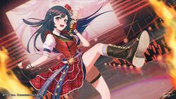 Rule 34 | 1girl, black footwear, black hair, boots, chase! (love live!), commentary, fingerless gloves, fire, gloves, grey eyes, half gloves, holding, holding microphone, idol, knee boots, leg up, long hair, looking at viewer, love live!, love live! nijigasaki high school idol club, microphone, music, open mouth, puffy short sleeves, puffy sleeves, red gloves, short sleeves, singing, smile, solo, teeth, thigh strap, tinedesu, upper teeth only, yuki setsuna (love live!)