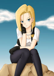 Rule 34 | &gt;:/, 1girl, :/, android 18, black gloves, black legwear, blonde hair, blue eyes, blue sky, breasts, cleavage, cloud, day, dragon ball, earrings, forehead, gloves, head rest, highres, hoop earrings, jewelry, looking at viewer, necklace, nicko89, pearl necklace, raised eyebrows, rock, sitting, sitting on rock, sky, solo, v-shaped eyebrows