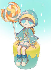 Rule 34 | 1boy, candy, capelet, drawstring, food, gradient background, hoge (n8sss), hood, hood up, identity v, lollipop, long sleeves, male focus, official alternate costume, rain, robbie (identity v), robbie (wail) (identity v), shirt, shorts, simple background, solo, striped clothes, striped shirt