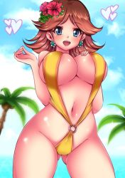 Rule 34 | 1girl, blue eyes, breasts, brown hair, cleavage, grin, heart, large breasts, legs, looking at viewer, mario (series), navel, nintendo, open mouth, palm tree, princess, princess daisy, shiny skin, short hair, slingshot swimsuit, smile, solo, spoken heart, sugarbell, super mario land, swimsuit, thick thighs, thigh gap, thighs, tree, underboob