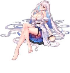 Rule 34 | 1girl, absurdly long hair, ark order, bare legs, barefoot, blue hair, blush, breasts, bridal garter, cleavage, crossed legs, detached sleeves, dress, feet, fish, gold, hair between eyes, head tilt, jewelry, large breasts, long hair, lucetia (ark order), multicolored hair, necklace, official art, parted lips, puffer fish, puffy short sleeves, puffy sleeves, red eyes, ring, short sleeves, sidelocks, silver hair, sitting, solo, strapless, strapless dress, transparent background, very long hair, wavy hair, white dress, you ni ge shaobing